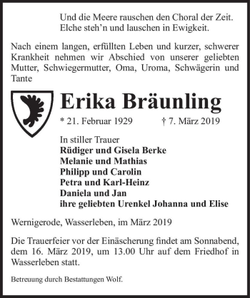 Traueranzeige von Erika Bräunling  von Magdeburger Volksstimme