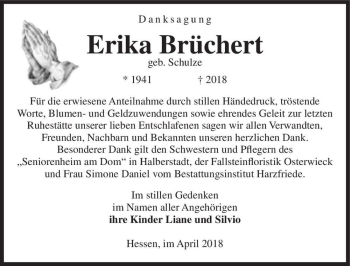 Traueranzeige von Erika Brüchert (geb. Schulze)  von Magdeburger Volksstimme