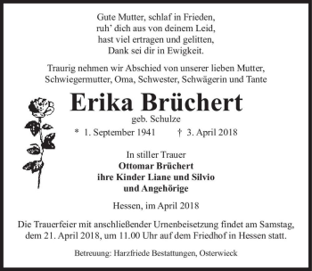 Traueranzeige von Erika Brüchert (geb. Schulze)  von Magdeburger Volksstimme