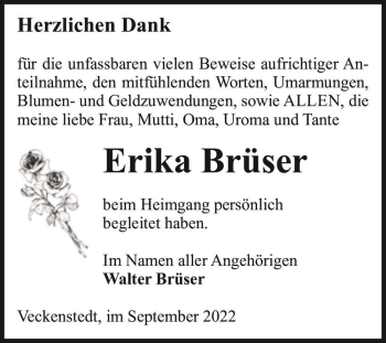Traueranzeige von Erika Brüser  von Magdeburger Volksstimme
