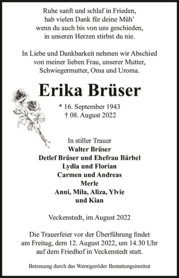 Traueranzeige von Erika Brüser  von Magdeburger Volksstimme