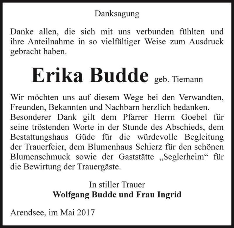  Traueranzeige für Erika Budde (geb. Tiemann)  vom 30.05.2017 aus Magdeburger Volksstimme
