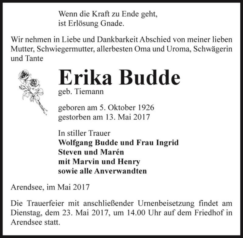  Traueranzeige für Erika Budde (geb. Tiemann)  vom 16.05.2017 aus Magdeburger Volksstimme