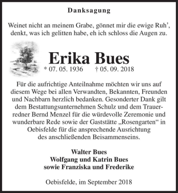 Traueranzeige von Erika Bues  von Magdeburger Volksstimme