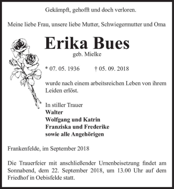 Traueranzeige von Erika Bues (geb. Mielke)  von Magdeburger Volksstimme