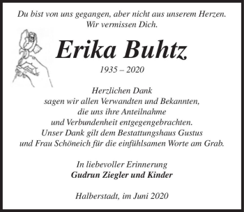 Traueranzeige von Erika Buhtz  von Magdeburger Volksstimme