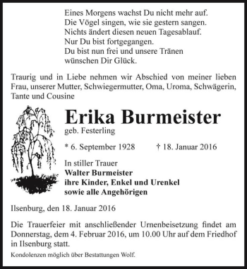 Traueranzeige von Erika Burmeister (geb. Festerling)  von Magdeburger Volksstimme