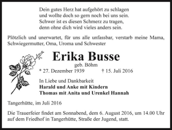 Traueranzeige von Erika Busse (geb. Böhm)  von Magdeburger Volksstimme