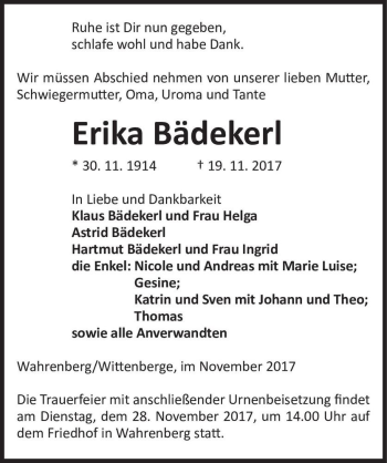 Traueranzeige von Erika Bädekerl  von Magdeburger Volksstimme