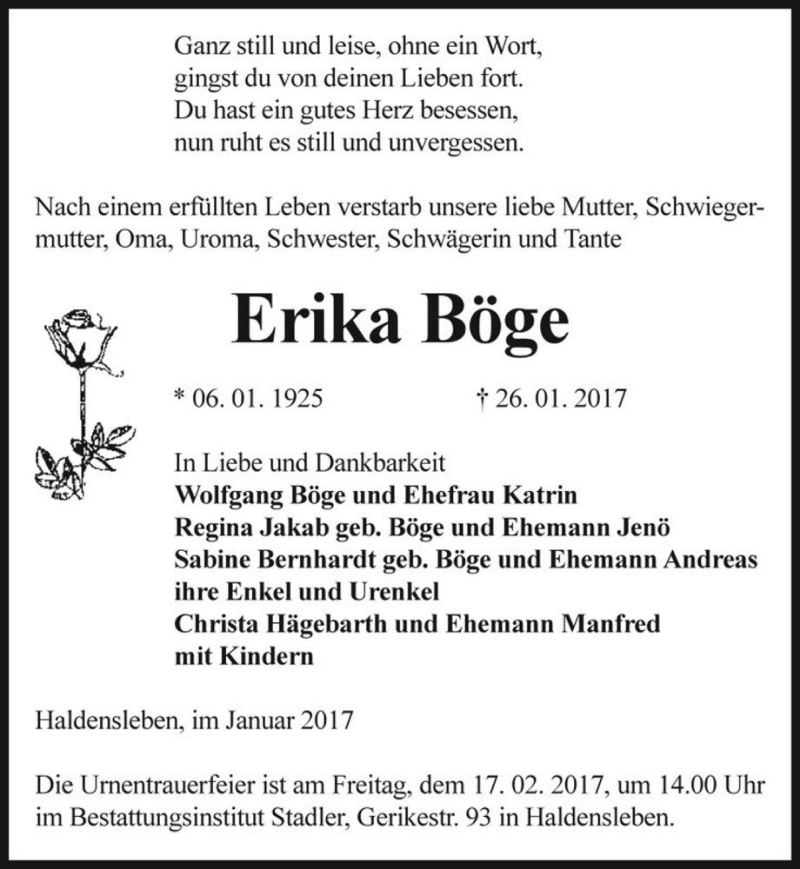  Traueranzeige für Erika Böge  vom 04.02.2017 aus Magdeburger Volksstimme