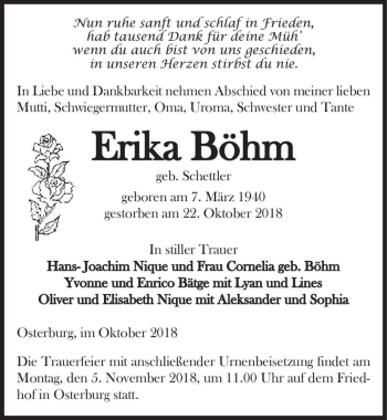 Traueranzeige von Erika Böhm (geb. Schettler)  von Magdeburger Volksstimme