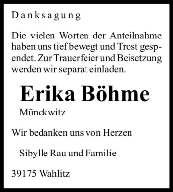 Traueranzeige von Erika Böhme (Münchwitz)  von Magdeburger Volksstimme