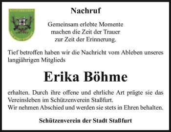 Traueranzeige von Erika Böhme  von Magdeburger Volksstimme