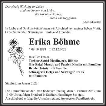 Traueranzeige von Erika Böhme  von Magdeburger Volksstimme