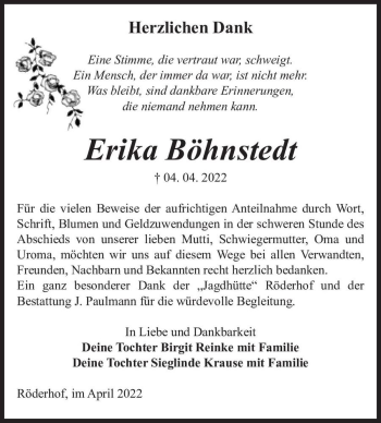 Traueranzeige von Erika Böhnstedt  von Magdeburger Volksstimme