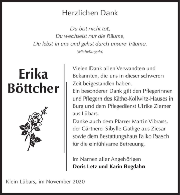 Traueranzeige von Erika Böttcher  von Magdeburger Volksstimme