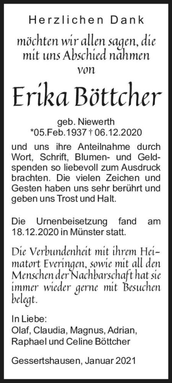 Traueranzeige von Erika Böttcher (geb. Niewerth)  von Magdeburger Volksstimme