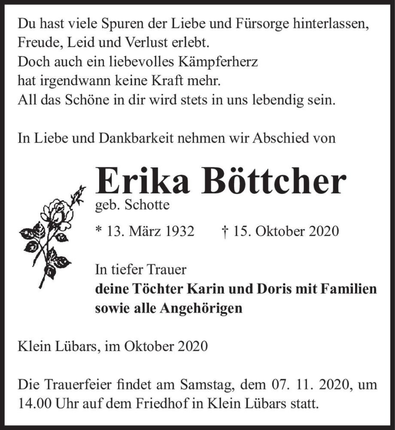  Traueranzeige für Erika Böttcher (geb. Schotte)  vom 24.10.2020 aus Magdeburger Volksstimme