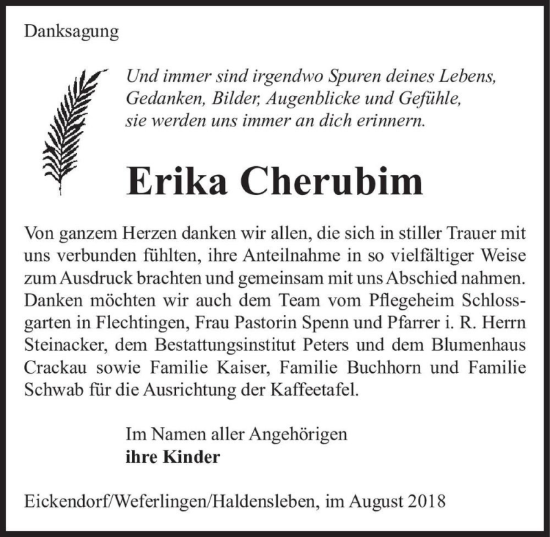  Traueranzeige für Erika Cherubim  vom 17.08.2018 aus Magdeburger Volksstimme