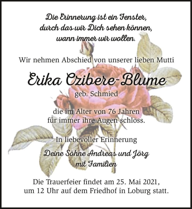  Traueranzeige für Erika Czibere-Blume (geb. Schmied)  vom 15.05.2021 aus Magdeburger Volksstimme