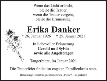 Traueranzeige von Erika Danker  von Magdeburger Volksstimme