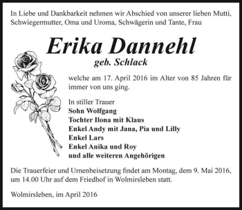 Traueranzeige von Erika Dannehl (geb. Schlack)  von Magdeburger Volksstimme
