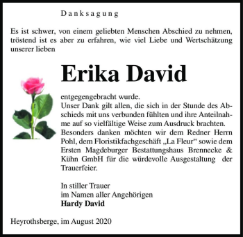Traueranzeige von Erika David  von Magdeburger Volksstimme