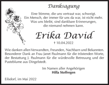 Traueranzeige von Erika David  von Magdeburger Volksstimme