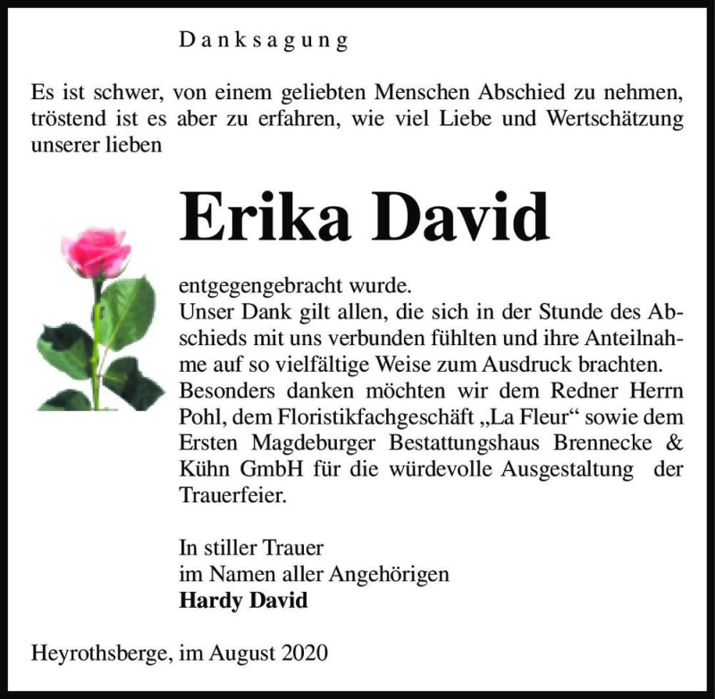  Traueranzeige für Erika David  vom 29.08.2020 aus Magdeburger Volksstimme