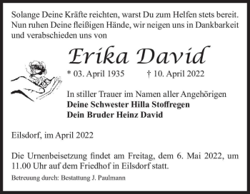 Traueranzeige von Erika David  von Magdeburger Volksstimme