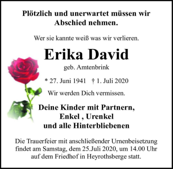 Traueranzeige von Erika David (geb. Amtenbrink)  von Magdeburger Volksstimme