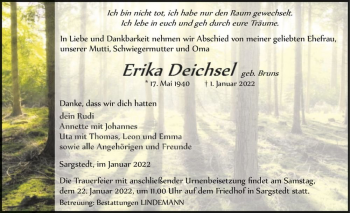 Traueranzeige von Erika Deichsel (geb. Bruns)  von Magdeburger Volksstimme