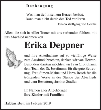 Traueranzeige von Erika Deppner  von Magdeburger Volksstimme