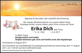 Traueranzeige von Erika Dich (geb. Franz)  von Magdeburger Volksstimme