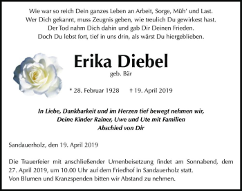 Traueranzeige von Erika Diebel (geb. Bär)  von Magdeburger Volksstimme