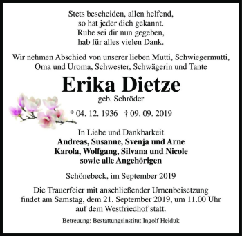 Traueranzeige von Erika Dietze (geb. Schröder)  von Magdeburger Volksstimme