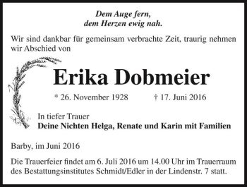 Traueranzeige von Erika Dobmeier  von Magdeburger Volksstimme