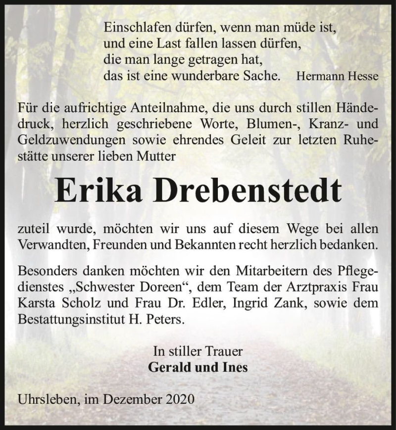  Traueranzeige für Erika Drebenstedt  vom 19.12.2020 aus Magdeburger Volksstimme