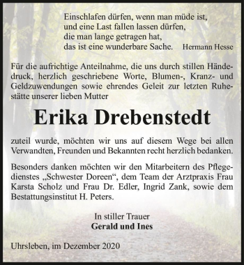 Traueranzeige von Erika Drebenstedt  von Magdeburger Volksstimme