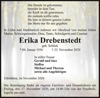 Traueranzeige von Erika Drebenstedt (geb. Schlick)  von Magdeburger Volksstimme