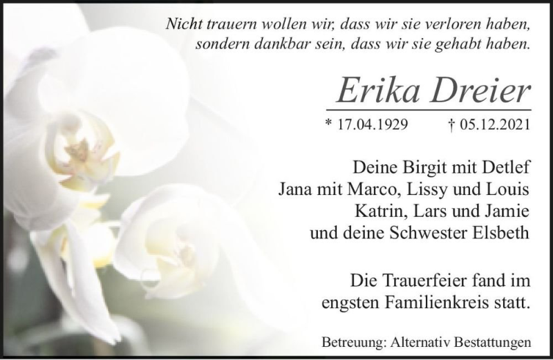  Traueranzeige für Erika Dreier  vom 08.01.2022 aus Magdeburger Volksstimme