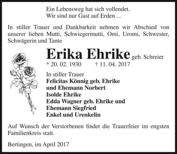 Traueranzeige von Erika Ehrike (geb. Schreier)  von Magdeburger Volksstimme