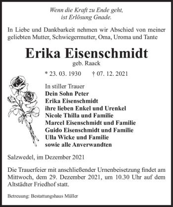 Traueranzeige von Erika Eisenschmidt (geb. Raack)  von Magdeburger Volksstimme