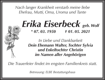 Traueranzeige von Erika Eiserbeck (geb. Wolf)  von Magdeburger Volksstimme