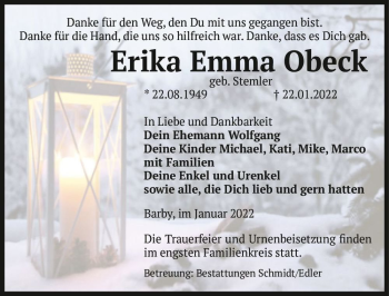 Traueranzeige von Erika Emma Obeck (geb. Stemler)  von Magdeburger Volksstimme