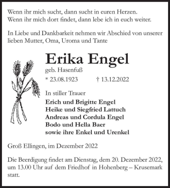 Traueranzeige von Erika Engel (geb. Hasenfuß)  von Magdeburger Volksstimme