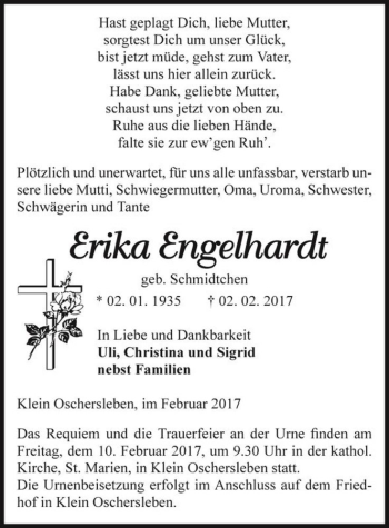Traueranzeige von Erika Engelhardt (geb. Schmidtchen)  von Magdeburger Volksstimme