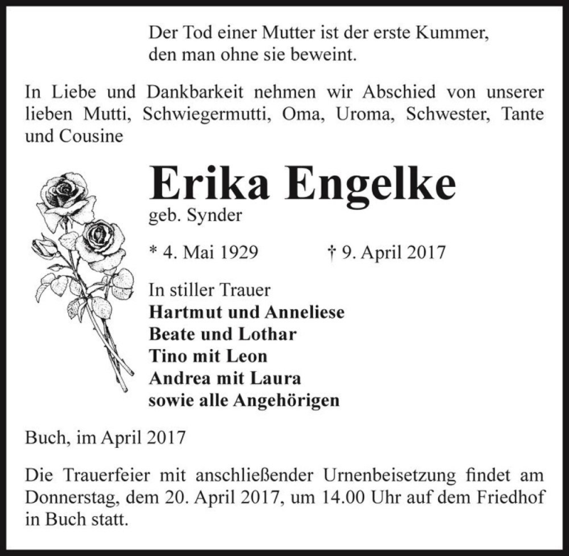  Traueranzeige für Erika Engelke (geb. Synder)  vom 15.04.2017 aus Magdeburger Volksstimme