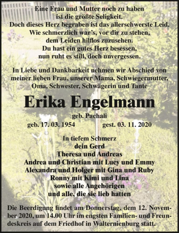 Traueranzeige von Erika Engelmann (geb. Pachali)  von Magdeburger Volksstimme