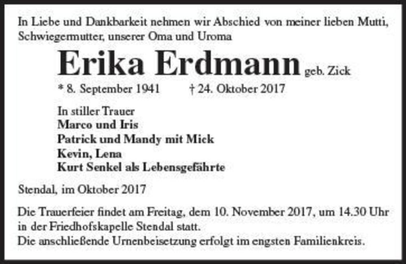  Traueranzeige für Erika Erdmann (geb. Zick)  vom 03.11.2017 aus Magdeburger Volksstimme